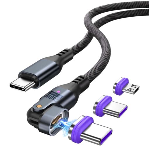 SlimWin USB-C Mágneses 3 az 1-ben 240W 16 Tűs Gyorstöltő- és Adatkábel – 180° Hajlítható