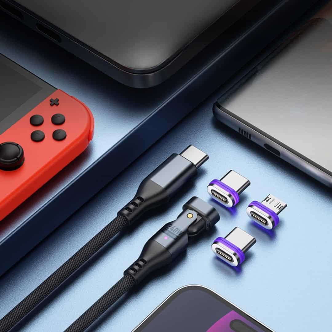 SlimWin USB-C Mágneses 3 az 1-ben 240W 16 Tűs Gyorstöltő- és Adatkábel – 180° Hajlítható, széles kompatibilitás