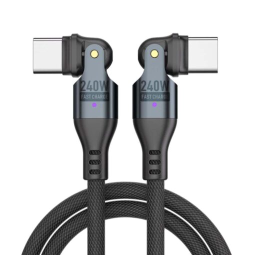 SlimWin USB-C – USB-C 240W / 480 Mbps Gyorstöltő- és Adatkábel – 180° Hajlítható, feltekerve, elforgatva