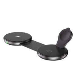 SlimWin Mini 3 az 1-ben vezeték nélküli töltő, nyitott állapotban, kerek forma
