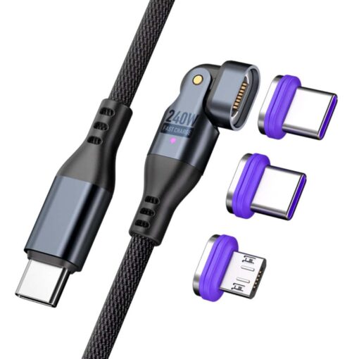 SlimWin USB-C Mágneses 3 az 1-ben 240W 16 Tűs Gyorstöltő- és Adatkábel – 180° Hajlítható, oldalnézetből